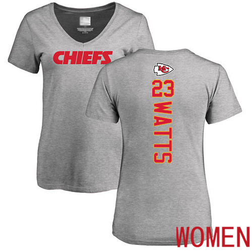 Women Football Kansas City Chiefs #23 Watts Armani Ash Backer V-Neck T-Shirt